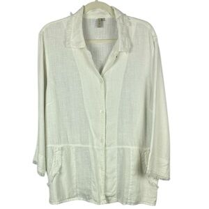 By JJ 100% Linen Stylish White Linen Blouse with Fringe Detail Size Large